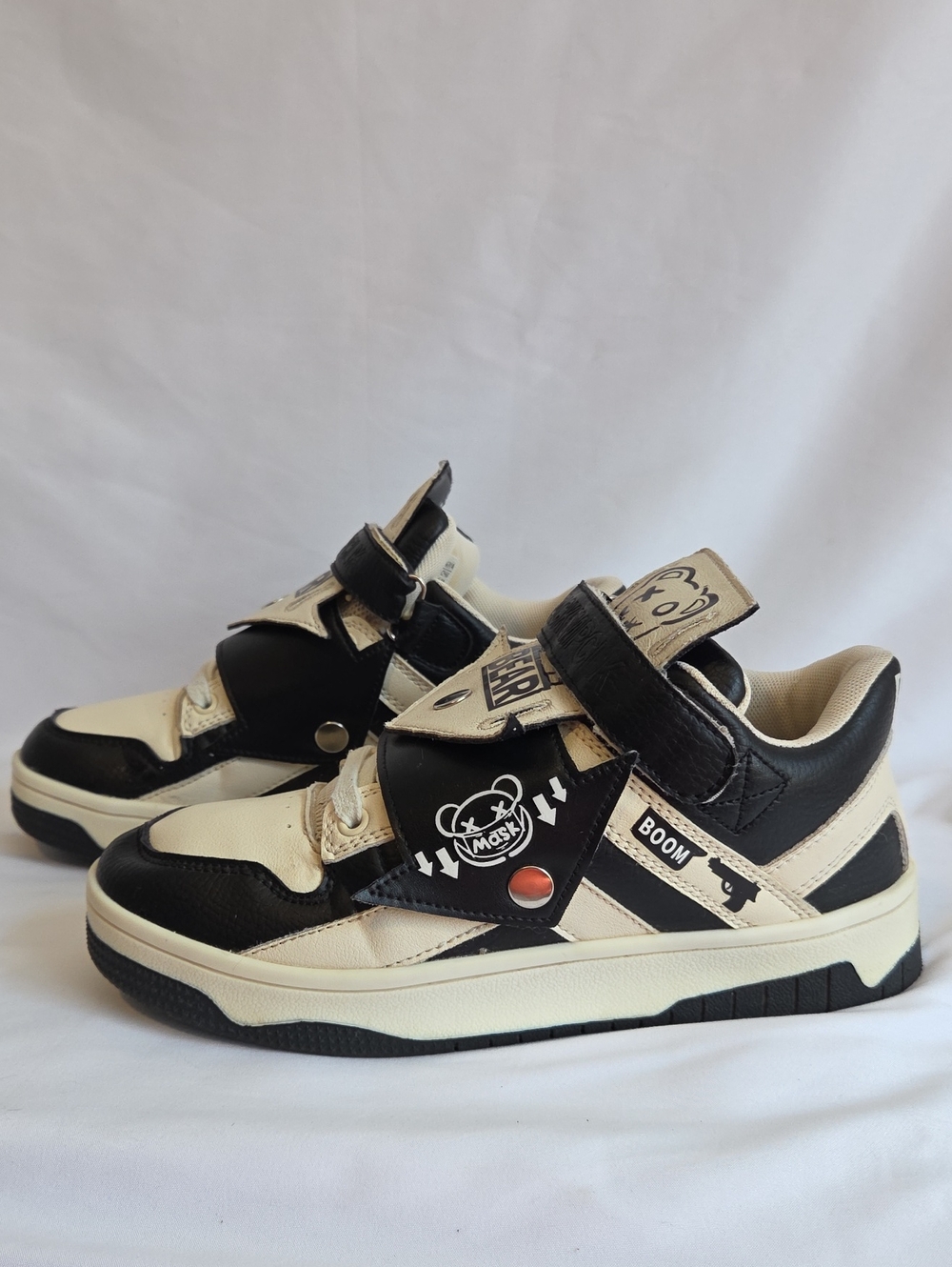 Kids Black and Cream Graphic Strap Sneakers